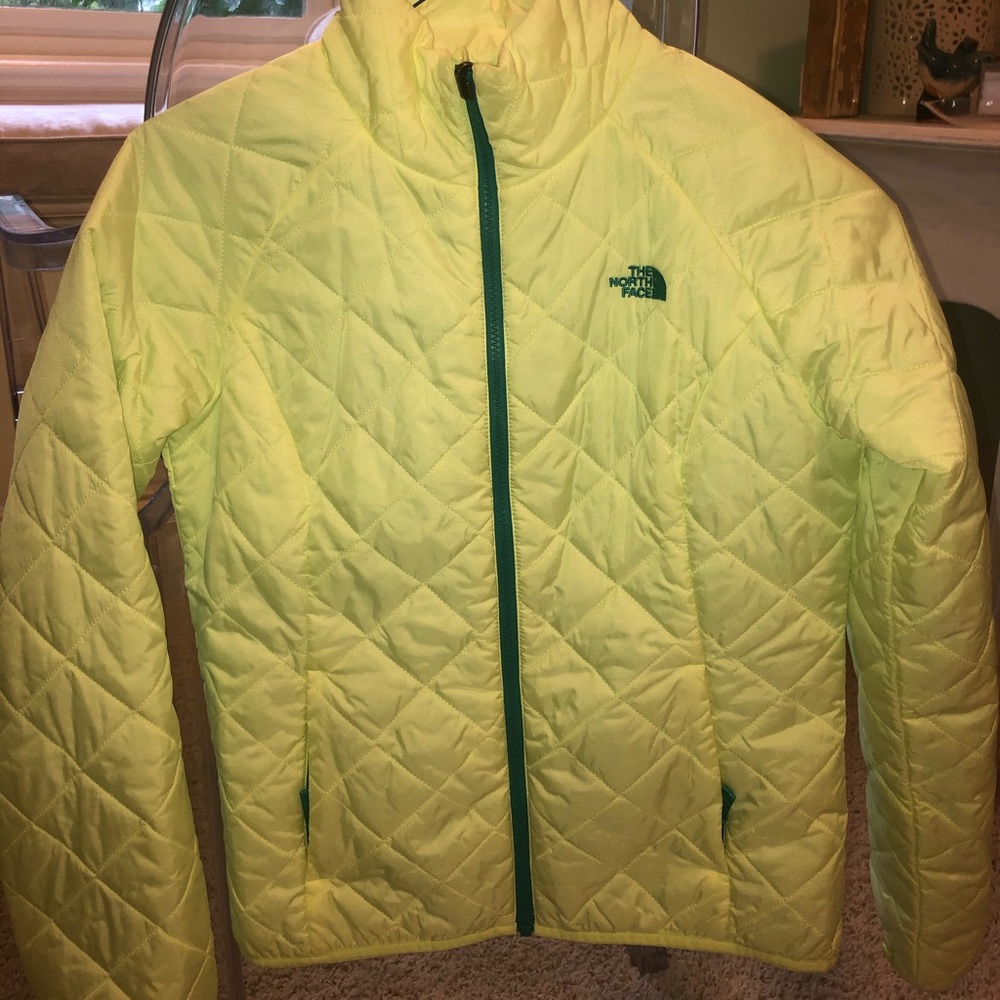 North Face neon puffer jacket with teal zippers
